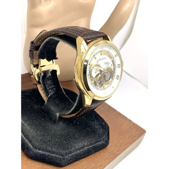 Bulova Men's Watch 97A121 Automatic Gold Tone Case Brown Leather Band 41mm - Picture 14 of 14